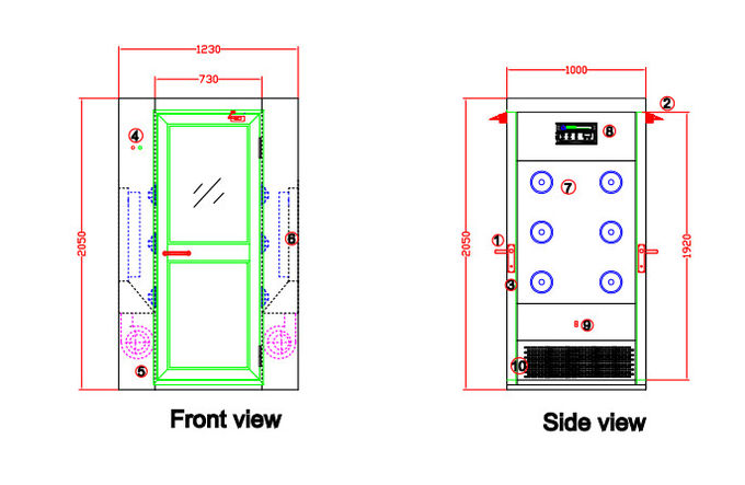 W730mmのアルミニウム振動ドア、1230mmの幅が付いている自動吹くクリーンルームの空気シャワー 4